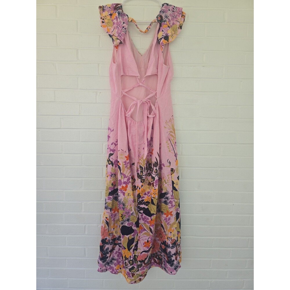 ANTHROPOLOGIE V-Neck Ruffle Linen Viscose Dress Size Large Pink Blue Floral - Picture 8 of 12